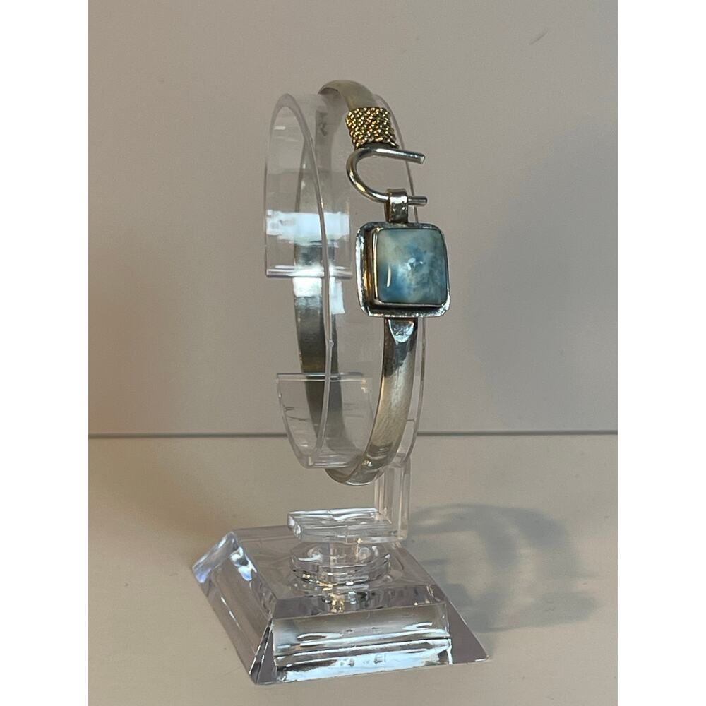925 Sterling Silver Larimar Bracelet 14K Gold Rope Accent Cuff - Picture 2 of 11